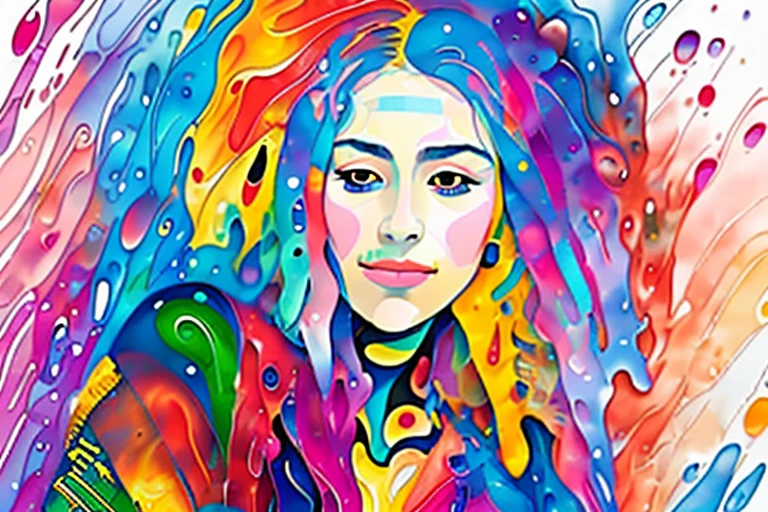 masterpiece, best quality, (2d minimalist vector illustration), 1girl, beautiful woman, closed eyes, colorful, (Gustav Klimt blends blue color long hair), (Wassily Kandinsky blends dress:1.2), (acrylic pour art blends background:1.4), (bust shot:1.4)