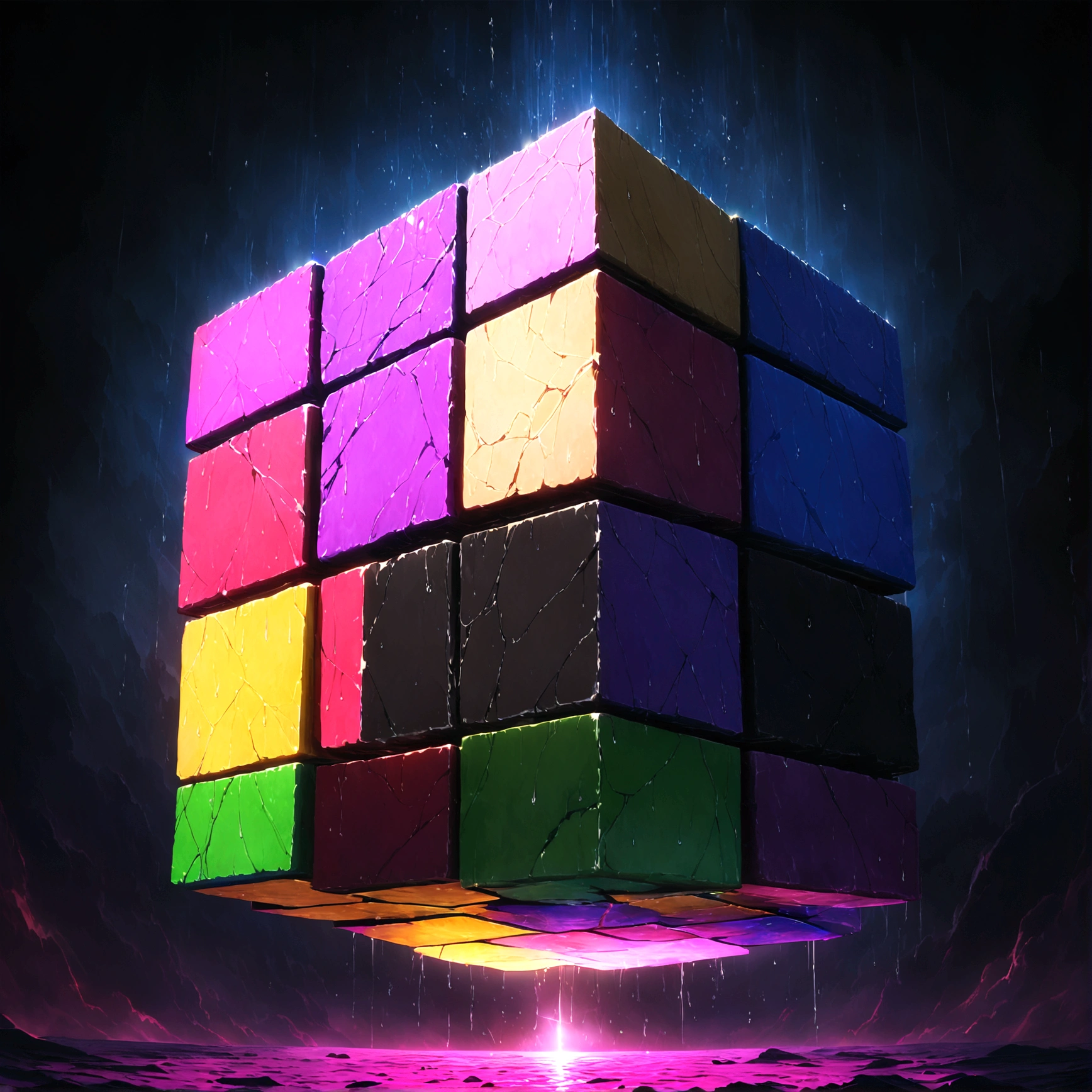 Black magic cube, divided into squares, black background,"Anime features inspired by One Piece, drenched in dramatic and incredible lighting, dramatic lighting, infused with creative details, ultra-fine 2D design, scenery bathed in creativity, bathed in creativity, boasting HD anime resolution clarity, HD anime graphics, high-octane rendering"