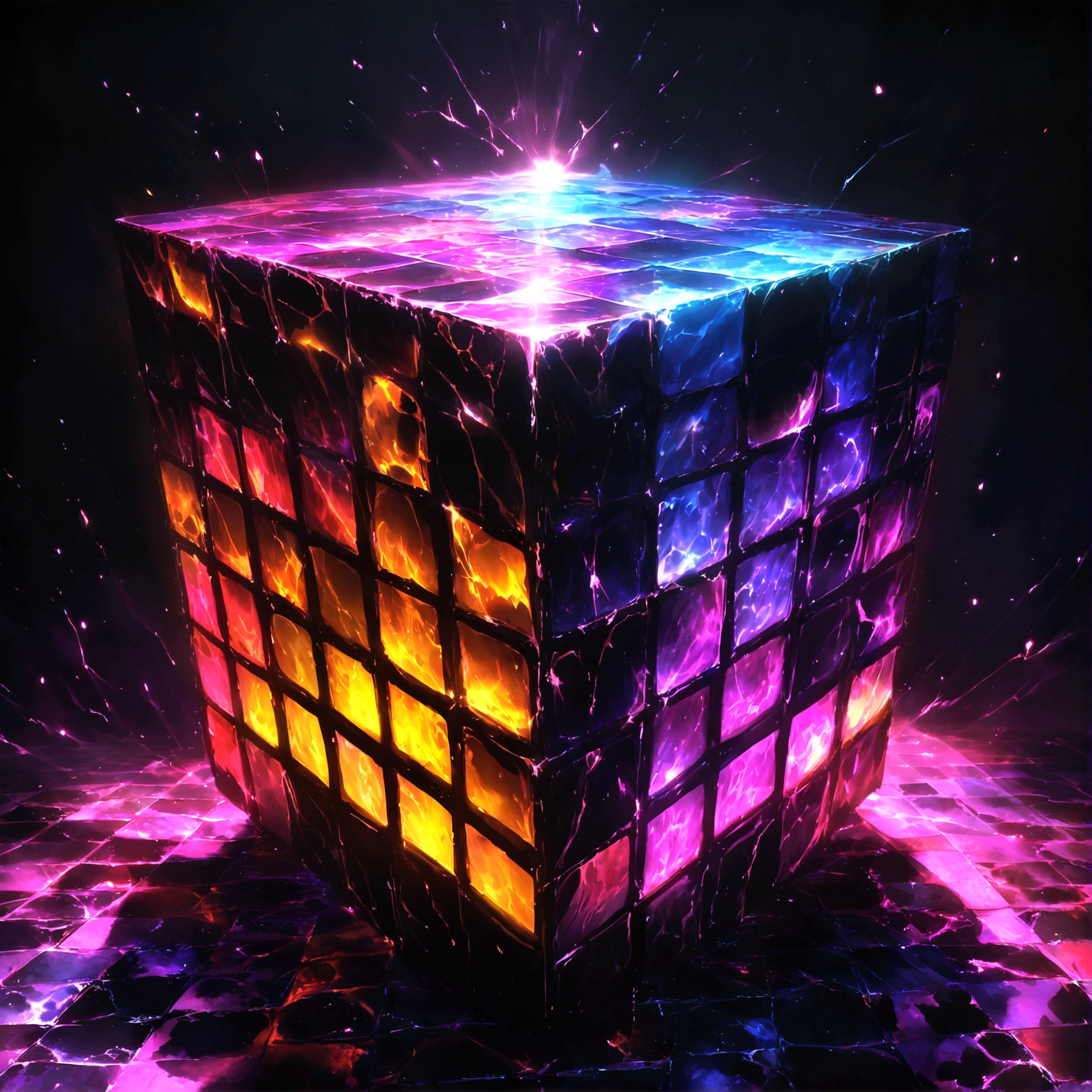 Black magic cube, divided into squares, black background,"Anime features inspired by One Piece, drenched in dramatic and incredible lighting, dramatic lighting, infused with creative details, ultra-fine 2D design, scenery bathed in creativity, bathed in creativity, boasting HD anime resolution clarity, HD anime graphics, high-octane rendering"