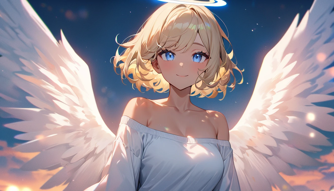 (((One girl))), full body, ((tanned skin)), flying in the sky, bare legs, ((angel, big big white wings:1.2, halo:1.3)), ((wavy hair)), evening, Sunset, sea, beach, ((blond hair, bob cut:1.3)), big breasts, teenager, (looking at viewer), oversized clothes, puffy long sleeves, collarbone, ((off-shoulder sweater dress:1.3, Quite thick shoulder straps)), (((sleeves past wrists:1.3))), ((white sweater)), collarbone, head tilt:1.3, (((blue eye))), ((happy smile)), (((anime style))), (best quality, 4K, 8K, highres, masterpiece:1.2, ultra-detailed, ultra-detailed eyes, HDR, uhd, studio lighting, ultra-fine painting, sharp focus, physically-based rendering, extreme detail description, professional, vivid colors, bokeh), ((Highest quality, Best image quality, Ultra-high resolution, Ultra-high resolution, solo, Strong eye highlights)), Depth of written boundary, Natural soft light, attractive, Beautiful Face, Cleanliness, Pure Face, medium chest, Beautiful Face, Perfect Fingers, Perfect hands, Perfect body, Perfect Face, Shine a light into your eyes, Perfect Anatomy