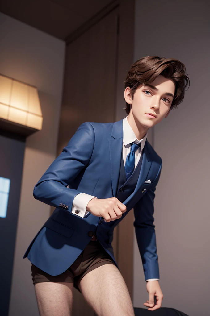 Fun boy character, Disney style, 3d, with short, straight brown hair, with dark blue suit 