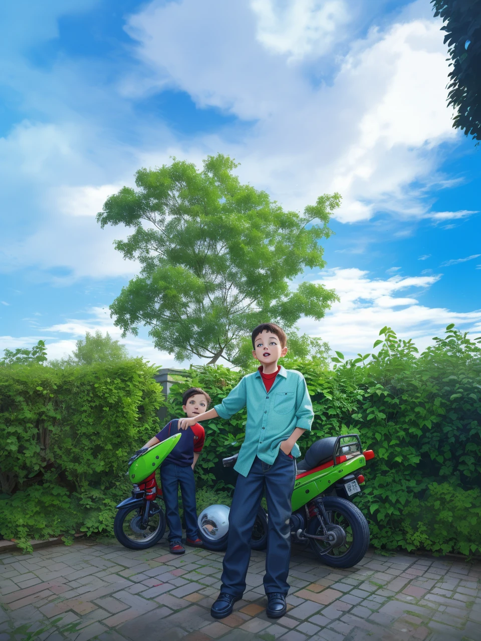 Realistic portrait of a seven-year-old boy, He wears a red shirt . His face is childish and exploratory . He goes out cautiously into the garden of the house, A small cat is among the bushes and he touches it cautiously ,Not facing the camera,, Hair is untidy ,