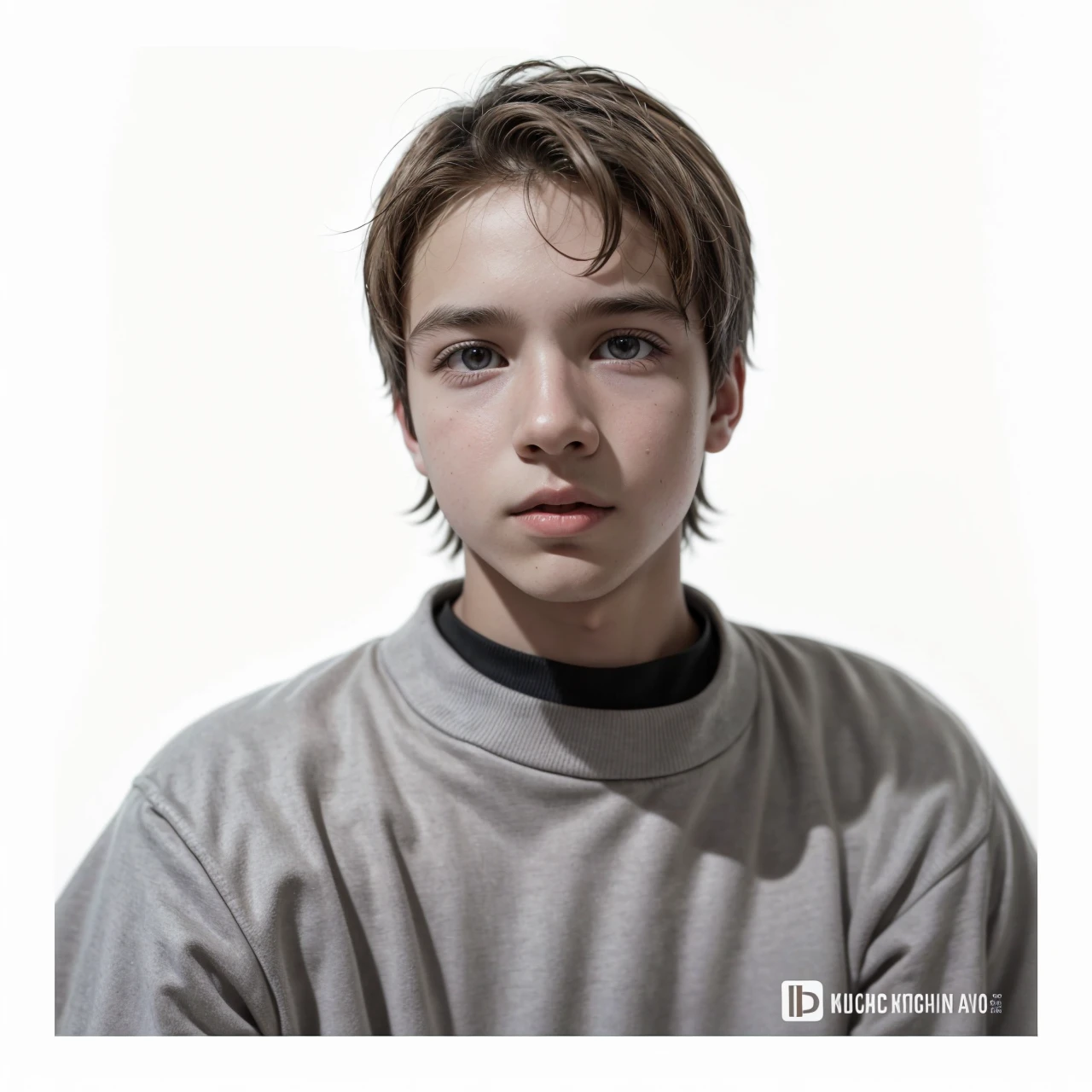 The background of the image must be beige in a grainy 70s style, the boy in the photo must be in black and white color
