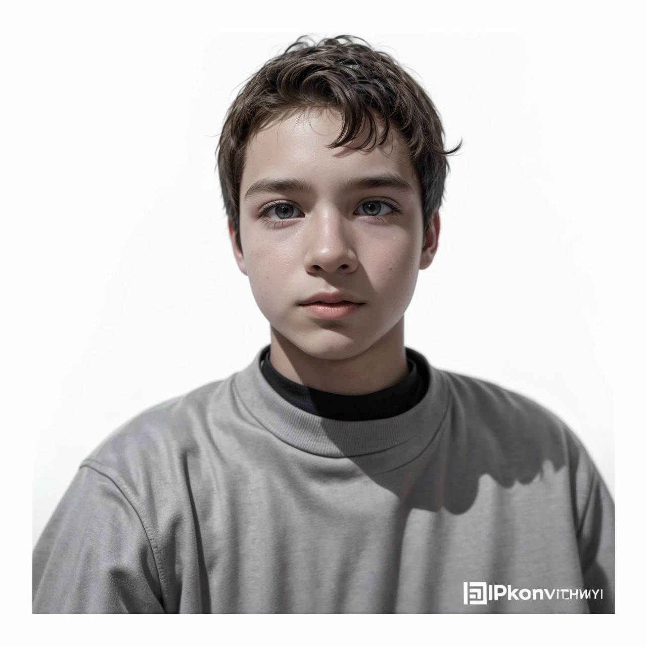 The background of the image must be beige in a grainy 70s style, the boy in the photo must be in black and white color