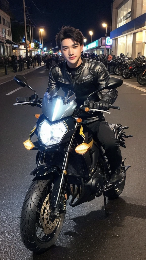 young man on mt 03 motorcycles 8K,best quality, ultra high resolution, insta story, shot by iphone camera, black hair, night, best quality, best face, best motorcycles, street background,