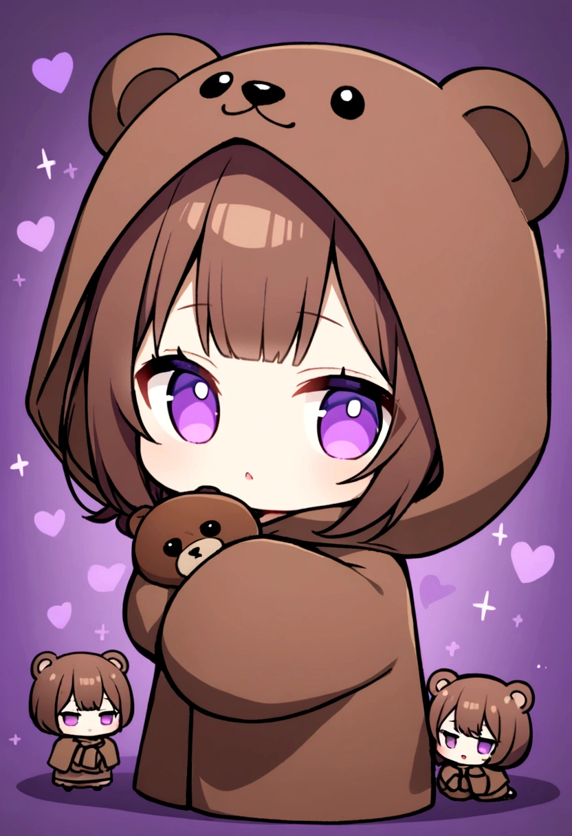 bangs bangs、Bangs、Crisp bangs、long brown hair、Wearing a dark brown bear hood、茶髪ロングのChibi Character、Wearing a dark brown bear ear hooded blanket、Purple Eyes、Purple betta background、Chibi Character、Holding a teddy bear、Bear face hood,美しいPurple Eyes、