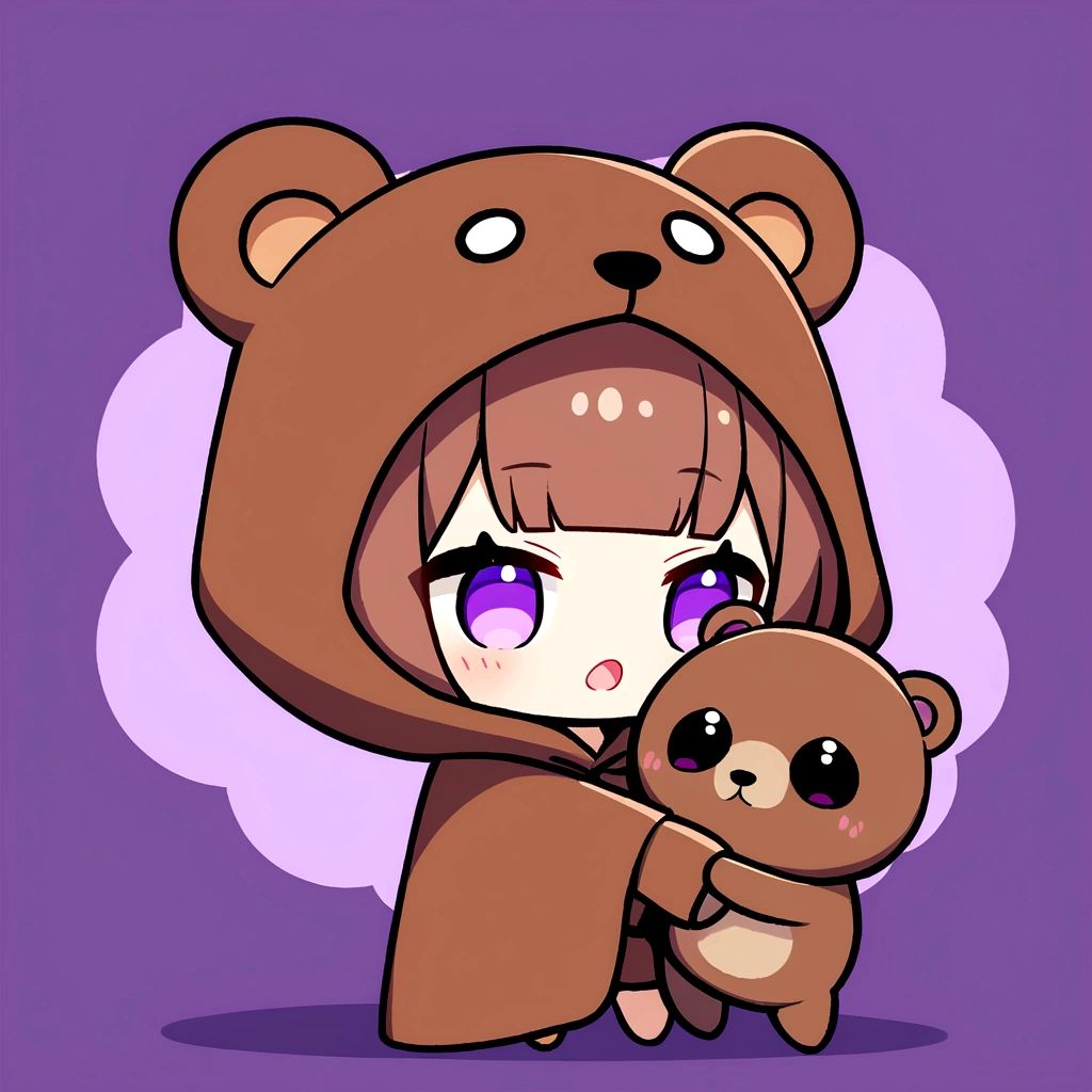 bangs bangs、Bangs、Crisp bangs、long brown hair、Wearing a dark brown bear hood、茶髪ロングのChibi Character、Wearing a dark brown bear ear hooded blanket、Purple Eyes、Purple betta background、Chibi Character、Holding a teddy bear、Bear face hood