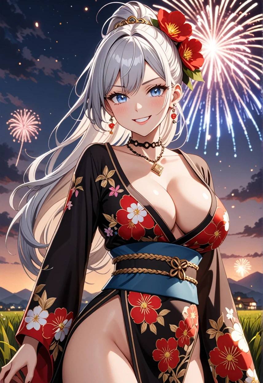 ((One personの女性)), Beautiful Face, (Laughing embarrassedly), (smirk:1.4), ((Wink:1.3)), (head tilt:1.3), Laugh with your mouth wide open, upper teeth, looking at viewer, ((full-face brash:1.5)), Glossy Red Lips, ((Big Breasts:1.3)), night,Rural landscape, firework, Glossy Red Lips, (Shining Face), ((Anime style background)),masterpiece, Highest quality, so beautiful,up to date, Complex details, (Pink long nails), (nail art), (ring),(bracelet),(Floral choker), (helix piercing:1.7), AI-generated, Complex,High resolution, Highest quality, super high quality,3D Images、3D Images,One person,Long white hair,High Ponytail, Anime woman posing for a photo, ((silver eyes:1.5)), ((Fine grain、blue eyes、Shining Eyes:1.4)), (Squint your eyes:1.1),a hyperRealistic , hyperRealistic , Realistic,Anime woman with long white hair, Smooth anime CG art, (A woman in a colorful kimono with gold embroidery), ((Black long sleeve kimono:1.3)), Red floral pattern,(Long flower hair ornament),Floral Earrings,Mature Body,Abdominal muscles,Tight waist, ((Zoom in on face:1.6)), (front view:1.3),