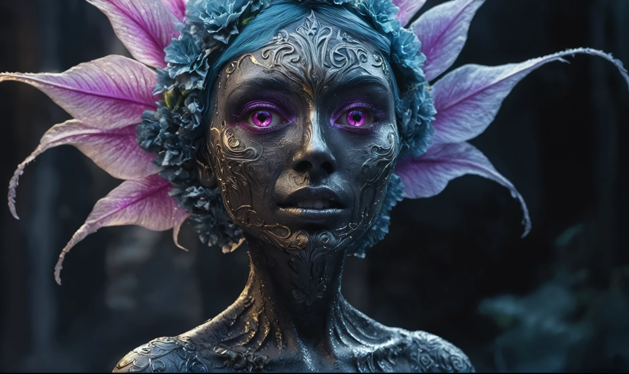 Magical plant ghost flower, ghost flower,carismatic，Incredible，terror ,extremely detailed,intricate details,eyes extremely detailed, high detailed eyes,16k resolution, realistic humid skin,extremely intricate details,Epic Realistic,face anatomically correct,Ultra HD,HDR, natural skin textures, hyper realism,realistic skin texture, hyper detailed,extremely Realism,Ultra Detailed,body logically correct,full body length shot,beggar graphite Manganite sparas, wants eat,survival in criminal city of future,Cinematic,soft colors, Technicolor,natural skin textures, hyper realism, hyper detailed,Extremely detailed,High contrast,Masterpiece,Realistic,Ultra Detailed, intricate details,realistic humid leather,extremly intricate,Epic Realistic, cinematic style,irina yermolova,high contrast,hdr,extremely detailed, [deep night landscape],masterpiece,intricate details,faded,eyes extremely detailed, high detailed eyes,16k resolution,RAW,retina, Nikon Z9,Songbird,orc,Guangxi Zhuang of China,tkt style, Pisces,perfect, ginger，transition between two art styles, Ink painting to photorealism, Double contact, X-ray, Creative, vivid light, masterpiece, fantasy, Abstract, Surrealism, super detailed, high resolution, stop:35,(((creature with a spectral and ghostly appearance)). Her skin is pale, almost translucent.wears dark, torn clothes that float around him, as if permeated by an aura of mourning. Its appearance is complemented by details such symbols of gothic elements, further emphasizing its dark air. is haunted and tormented entity,pixar movie still,Silver-gold long hair with bangs、Aquamarine Eyes,Fuchsia sequined dress,Mestichino,Light particles,chaos