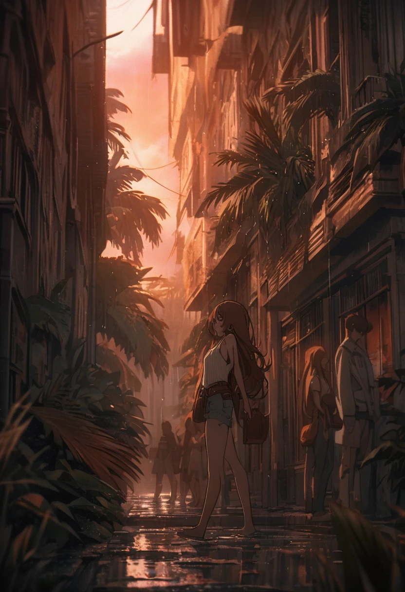 Close up, from side, from below, young woman looking at phone with concern, brown eyes, swept bangs, ((very long brown hair, beautiful face, cinematic light, best quality, masterpiece)), small breasts, thin, ribbed white tank top, jean shorts, satchel, she is walking across a street with puddles, library building, wide steps, people in background, in tropical climate after intense storm, power outage, no lights, dense overcast parting to reveal a red-orange sunset, wall of rain and visible on horizon, slate atmosphere, tropical plants, palm tree, Cinematic, faded colors, dark shot, muted colors , grainy film, lute, insane details, intricate details, hyper-detailed,