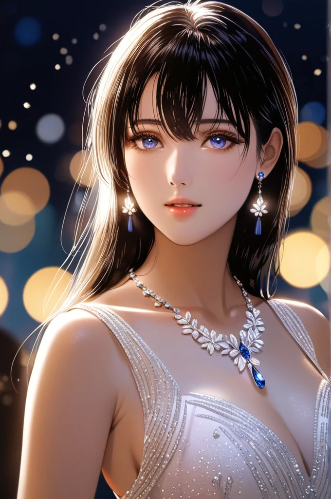 masterpiece, best quality, illustration, sax blue, tassel earrings, platinum necklace, white dress, 1girl, cute, (dynamic lighting:1.2), cinematic lighting, delicate facial features, detailed eyes, sharp pupils, realistic pupils, depth of field, bokeh, sharp focus, (hyper-detailed, bloom, glow:1.4), many small gems,big breasts 