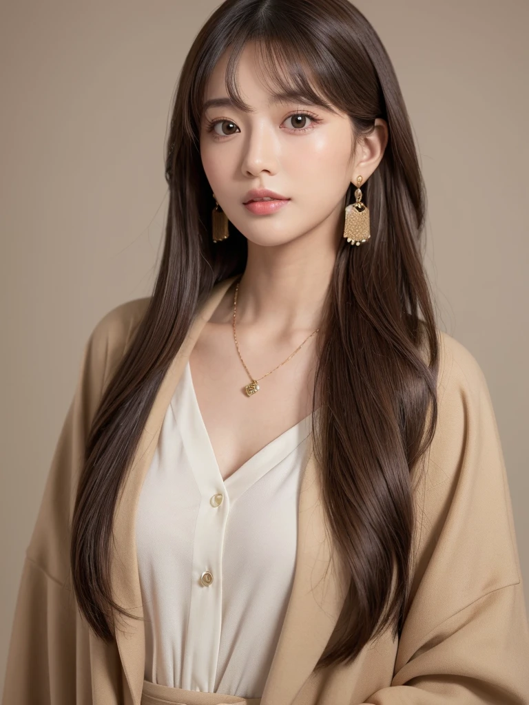 ((Highest quality, 8K, masterpiece:1.3)), concentrate: 1.2, Perfect body beauty: 1.4, Hips: 1.2, ((Long Hair, chest: 1.2)), (Dry clothes: 1.1) , (clear, Simple Background:1.3), Simple clothes: 1.1, Highly detailed face and skin texture,Delicate eyes, double eyelid, Whitened skin, Rough skin、Long Hair、Earrings with bangs、necklace、 solo、Beige coat、White shirt, (((Beautiful girl with cute Japan)))、 ((Beautiful Japanese girl 20 years old))、 ((Baby Face))、 (((Slender body)))、 Upper Body,Face focus、necklace,Simple Background,From above, Realistic Hair、 A photograph was taken:Canon EOS R6、135mm、1/1250 seconds、f2.8、ISO400、(Detailed explanation of the hand)、(Masseter muscle area)、(Exquisite CG)、Long Hair, loose and curly hair、Korean Hair、Long Hair明るいベージュ色、グラデーションハイライトグレージュのゆるふわLong Hairスタイル、