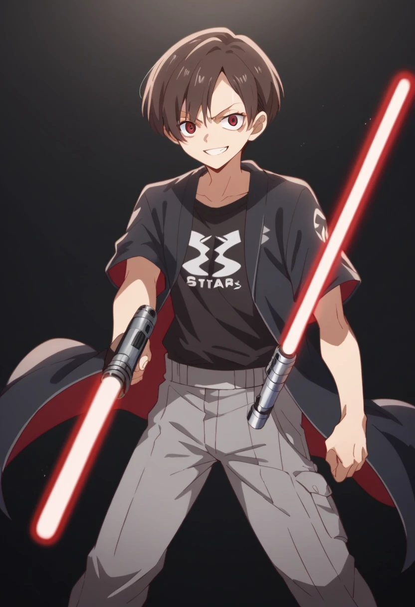 Kyotaro Ichikawa, Red eyes, smile evil, black jacket, black t-shirt with red details, gray sports pants, sneakers, lightsaber de color rojo, lightsaber (Star Wars), black background, Red light reflection, Full view 