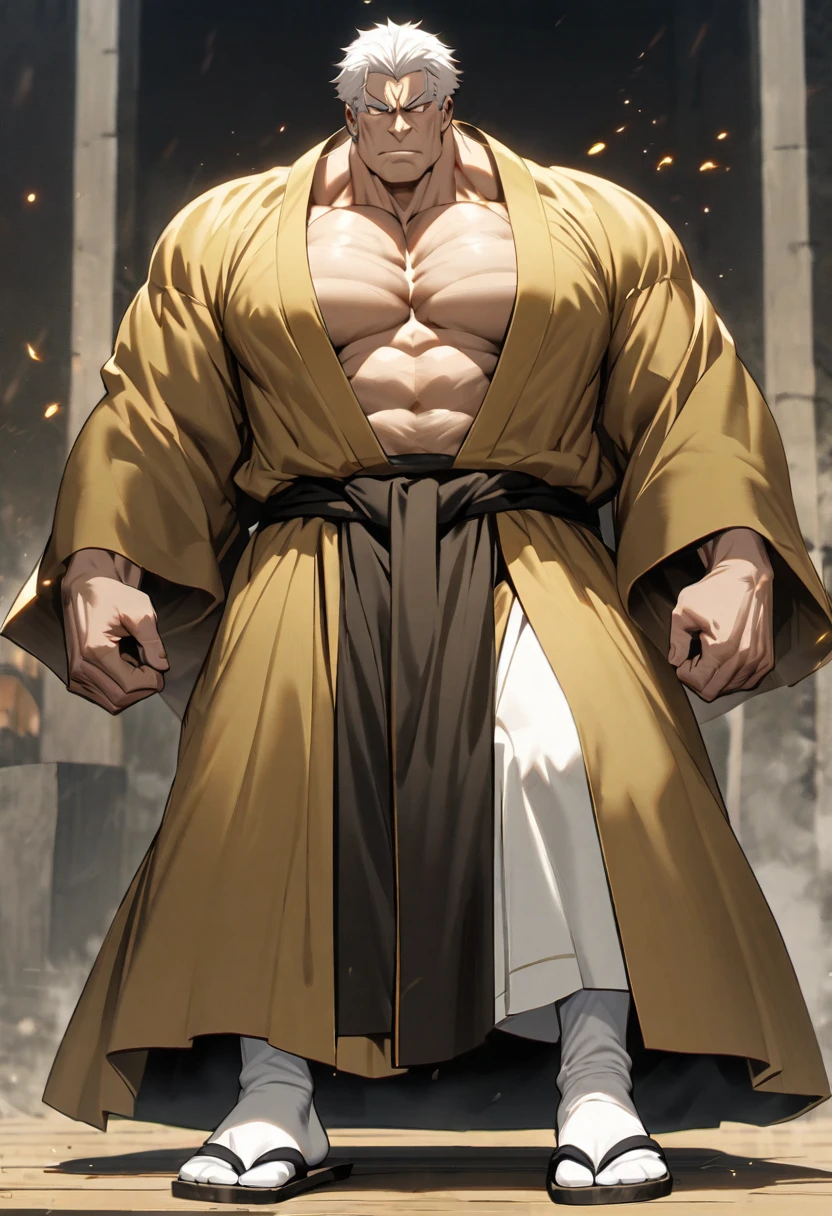 was a towering man with a powerfully muscular physique, imposing features, short white hair, and faded white eyes that showed no sense of feeling. He usually wore a gold-colored kāṣāya garment over black yukata robes. His monk attire is completed with white tabi socks and zōri sandals.