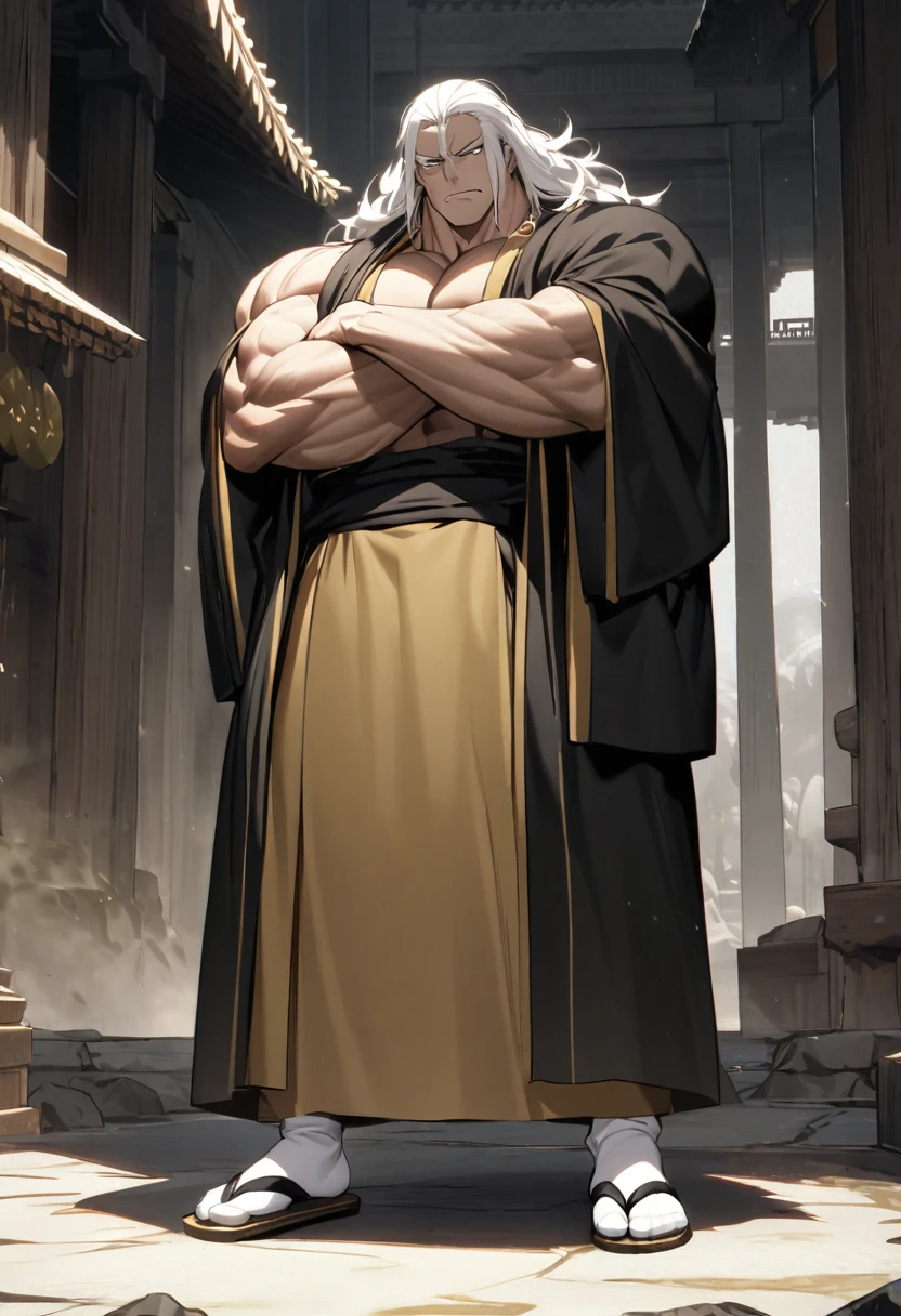 was a towering man with a powerfully muscular physique, imposing features, short white hair, and faded white eyes that showed no sense of feeling. He usually wore a gold-colored kāṣāya garment over black yukata robes. His monk attire is completed with white tabi socks and zōri sandals.