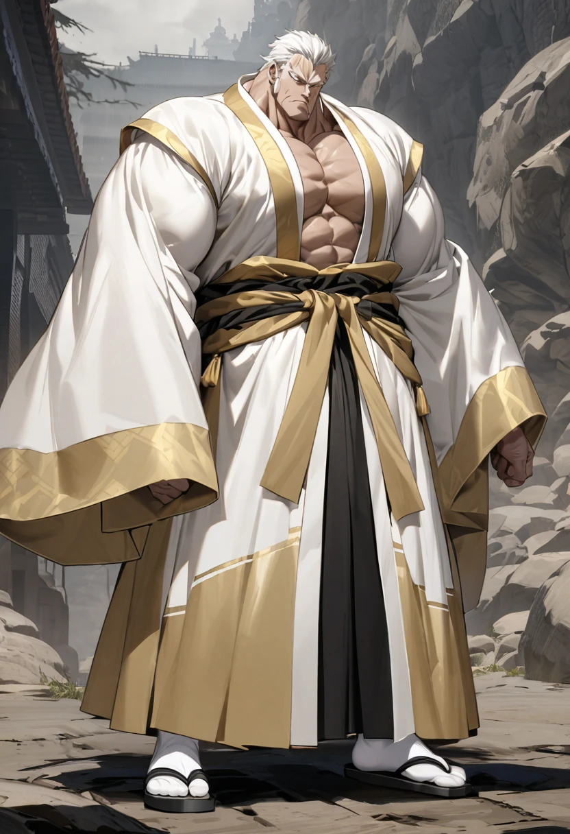 was a towering man with a powerfully muscular physique, imposing features, short white hair, and faded white eyes that showed no sense of feeling. He usually wore a gold-colored kāṣāya garment over black yukata robes. His monk attire is completed with white tabi socks and zōri sandals.