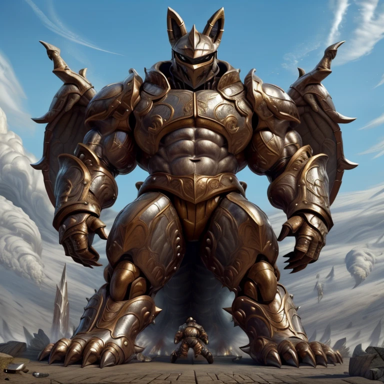 (masterpiece. official art. 8k. best quality. detailed full body. full body.)

(situation 1 : dominating Shiny_Mega_Lucario. Shiny_Mega_Lucario is over 1000 meters long. focus GIANT mechanical Muscular Shiny_Mega_Lucario is trampling the city. Looking down. macro. stomp. Low-angle perspective. emphasizing the immense size.)

(situation 2 :smoke and flames rising from the destruction in the city)

(Additional details 1: BlackKnight_fe. Armor. Cape. Helmet.. high-tech bio-mecha armor. real texture material. whole body shines like metal. Wearing cyberpunk mecha. emphasizes the muscles. suit fully made of metal. intricate armor. Robotic suit. suit fully made of metal. cyborg. Powered exoskeleton with the same design as Shiny_Mega_Lucario).

(Additional details 2: Detailed head. Detailed Body. Detailed abs. gigantic muscles. HYPER MUSCLES. Gigachad Muscular. big muscle. pecs. triceps. traps. unusually developed muscular body. body full of huge muscles. showing off muscles. pectorales enormes. Exaggeratedly huge muscles. huge muscles. long legs.).

(Additional details 3: nj5furry, Spread wings. It has wings. black have big wings. The claws are sharp. Sharp teeth.). 
