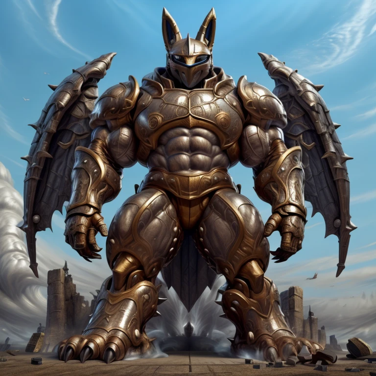 (masterpiece. official art. 8k. best quality. detailed full body. full body.)

(situation 1 : dominating Shiny_Mega_Lucario. Shiny_Mega_Lucario is over 1000 meters long. focus GIANT mechanical Muscular Shiny_Mega_Lucario is trampling the city. Looking down. macro. stomp. Low-angle perspective. emphasizing the immense size.)

(situation 2 :smoke and flames rising from the destruction in the city)

(Additional details 1: BlackKnight_fe. Armor. Cape. Helmet.. high-tech bio-mecha armor. real texture material. whole body shines like metal. Wearing cyberpunk mecha. emphasizes the muscles. suit fully made of metal. intricate armor. Robotic suit. suit fully made of metal. cyborg. Powered exoskeleton with the same design as Shiny_Mega_Lucario).

(Additional details 2: Detailed head. Detailed Body. Detailed abs. gigantic muscles. HYPER MUSCLES. Gigachad Muscular. big muscle. pecs. triceps. traps. unusually developed muscular body. body full of huge muscles. showing off muscles. pectorales enormes. Exaggeratedly huge muscles. huge muscles. long legs.).

(Additional details 3: nj5furry, Spread wings. It has wings. black have big wings. The claws are sharp. Sharp teeth.). 
