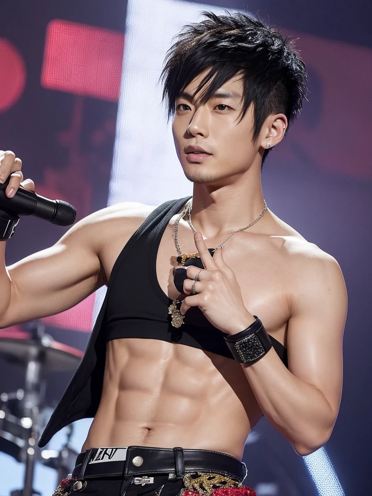 35-year-old Chinese-Japanese man, Idol and singer of a musical group a Rockstar, with short hair shaved on the sides defined abs, Cold look, similar to sid vicious