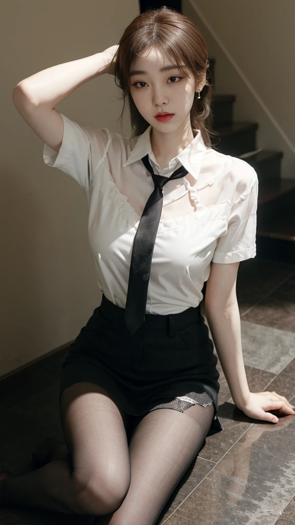 Korean 、summer  shirt、Tight shirt、Ribbon Ties、skirt by the、schools、stairs at school、chest lifting pose、Emphasis on the chest、Slender and large、8K raw photos、A high resolution、18-year-old Korean、embarrassing looking、very large round breasts、Beautiful eyes finely detailed、long eyelasher、beautiful double eyelid、eye shadows、eyeline、slender eyes、Elongated eye shape、Sanpaku eyes、beautiful and thin legs、Beautiful slender thighs、Random Shorthair、Tie your hair behind your head、耳Nipple Ring、Light brown hair、(Wear pantyhose)、Hold your knees，wears glasses