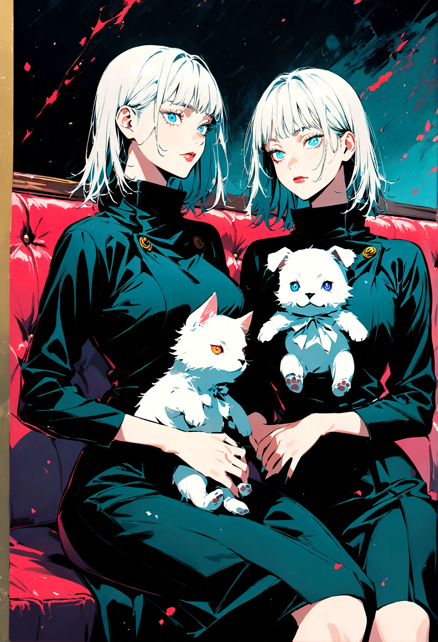 (2 girls,jujutsu kaisen),twins, holding a stuff animal, standing and holding a sword, two different set of colored eyes, sitting on a couch, same height, matching dresses, artwork