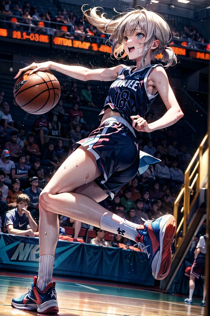 high quality,High resolution,16K,Sharp lines,,Basketball Player,After the match,Very sweaty,Sexually excited,Lewd,Seductive look,Cute face,Angle from below, Boyish Shoes, Nike shoes,Detailed shoes,Colorful shoes,White loose socks, whole body