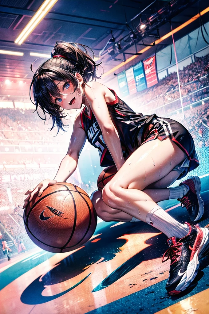 high quality,High resolution,16K,Sharp lines,,Basketball Player,After the match,Very sweaty,Sexually excited,Lewd,Seductive look,Cute face,Angle from below, Boyish Shoes, Nike shoes,Detailed shoes,Colorful shoes,White loose socks, whole body
