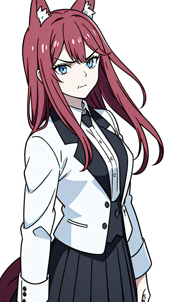 1girl ,solo,20s,mature female,angry face,red hair,long hair,fox ears,(white background, line drawing),shirt,black standard tie,blue blazer,long sleeves, black pleated skirt,(upper body),frosty white Skin , Icy white hair ,Glacial blue eyes