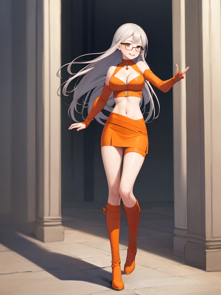 ((best quality)), ((masterpiece)), (detailed), palace, 1girl, 20 years old, full body portrait, thin glasses, very long green hair, absurdly long beautiful green hair, super long gorgeous green hair, busty, cleavage, smile, standing, seductive, beckoning, archer, orange boots visible, orange shoes visible, orange shoes, orange tall boots, orange knee-high boots, orange knees, orange waist, orange abdomen, orange midriff, silver breastplate, silver armor shoulder guards, silver gauntlets, high-waisted short orange wrap skirt, small skirt