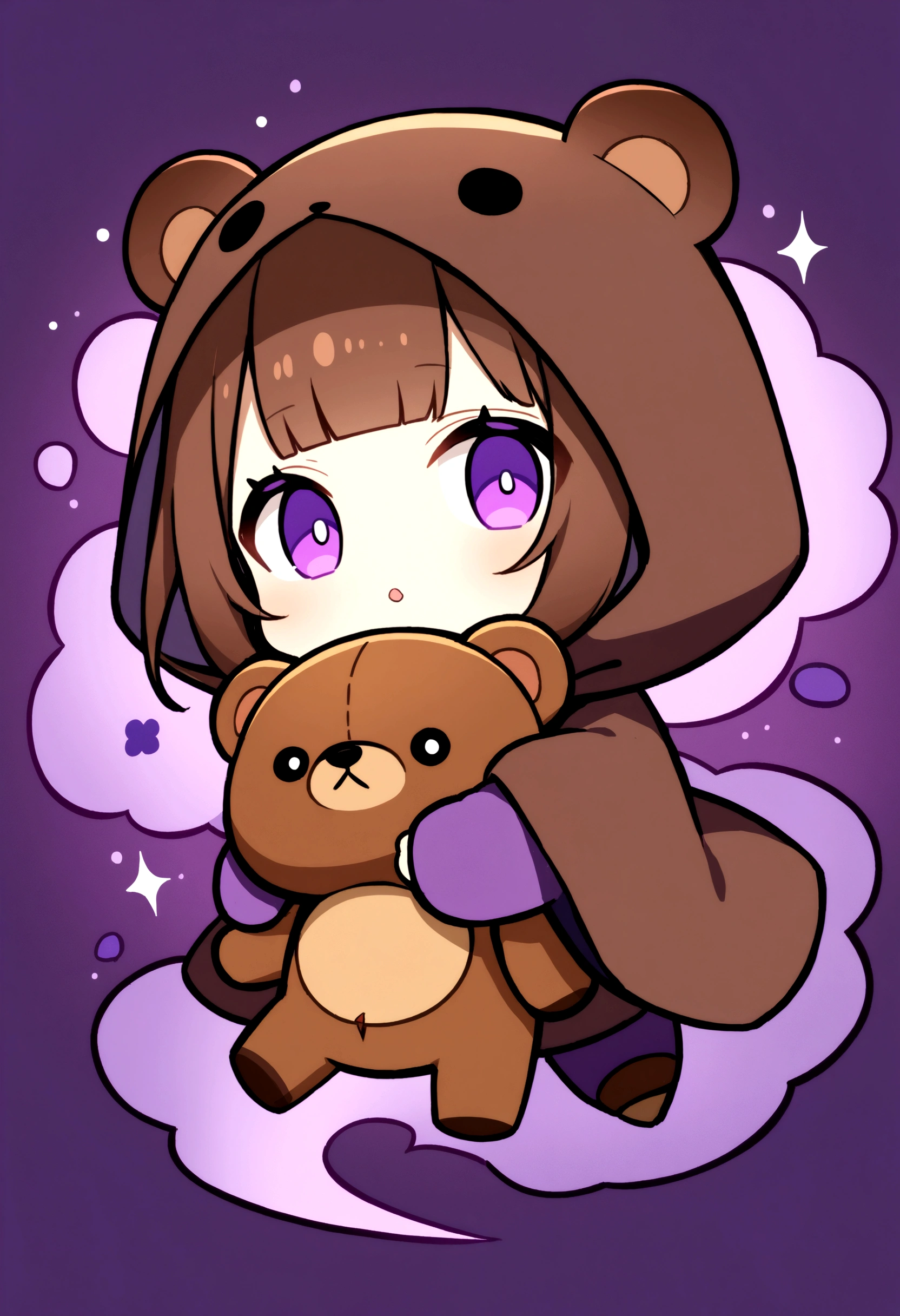 bangs bangs、Bangs、Crisp bangs、long brown hair、Wearing a dark brown bear hood、茶髪ロングのChibi Character、Wearing a dark brown bear ear hooded blanket、Purple Eyes、Purple betta background、Chibi Character、Holding a teddy bear、Bear face hood,美しいPurple Eyes、