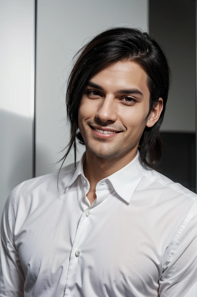 Tall mafia man with black hair a dark look with a white elegant mischievous smile with a defined jaw