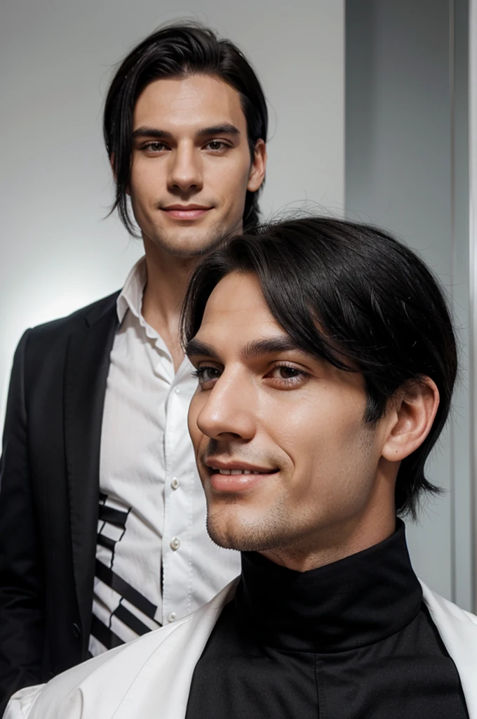 Tall mafia man with black hair a dark look with a white elegant mischievous smile with a defined jaw