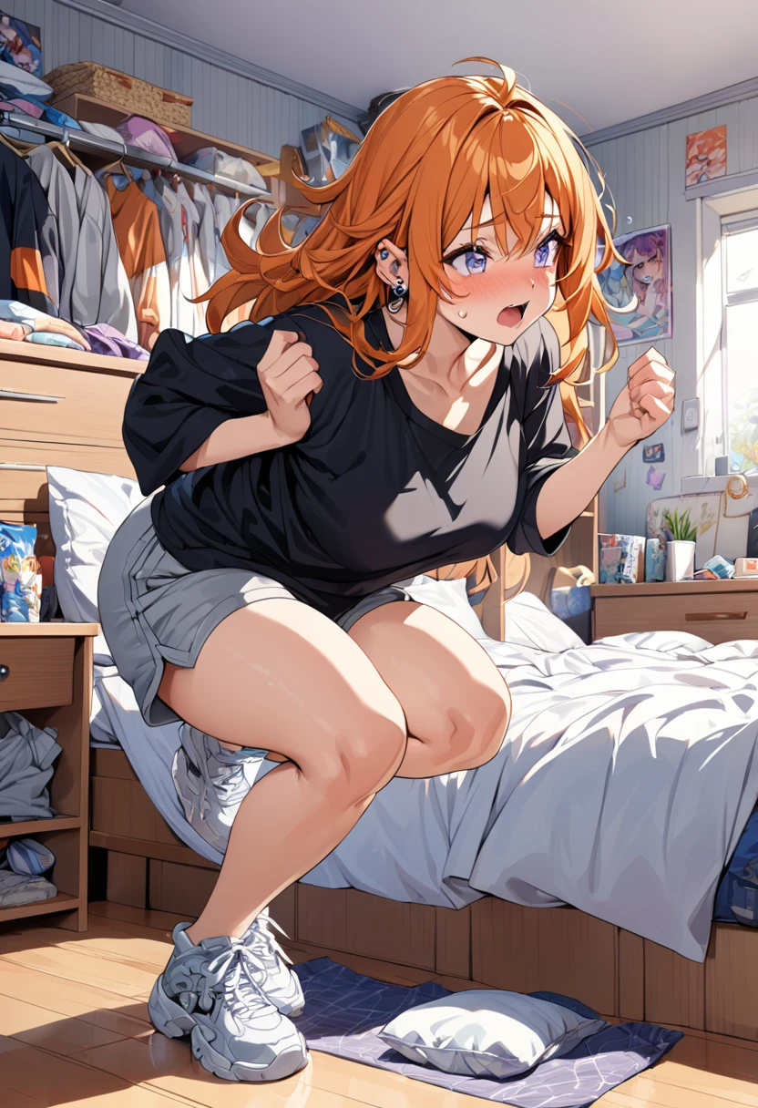20 year old female, long orange hair, messy hair, perfect eyes, perfect silver irises, perfect pupils, thick thighs, baggy black shirt, shorts, comfy clothes, many piercings on ears and nose, messy bedroom, otaku bedroom, flustered, tripping, highly detailed, best detail, best hands