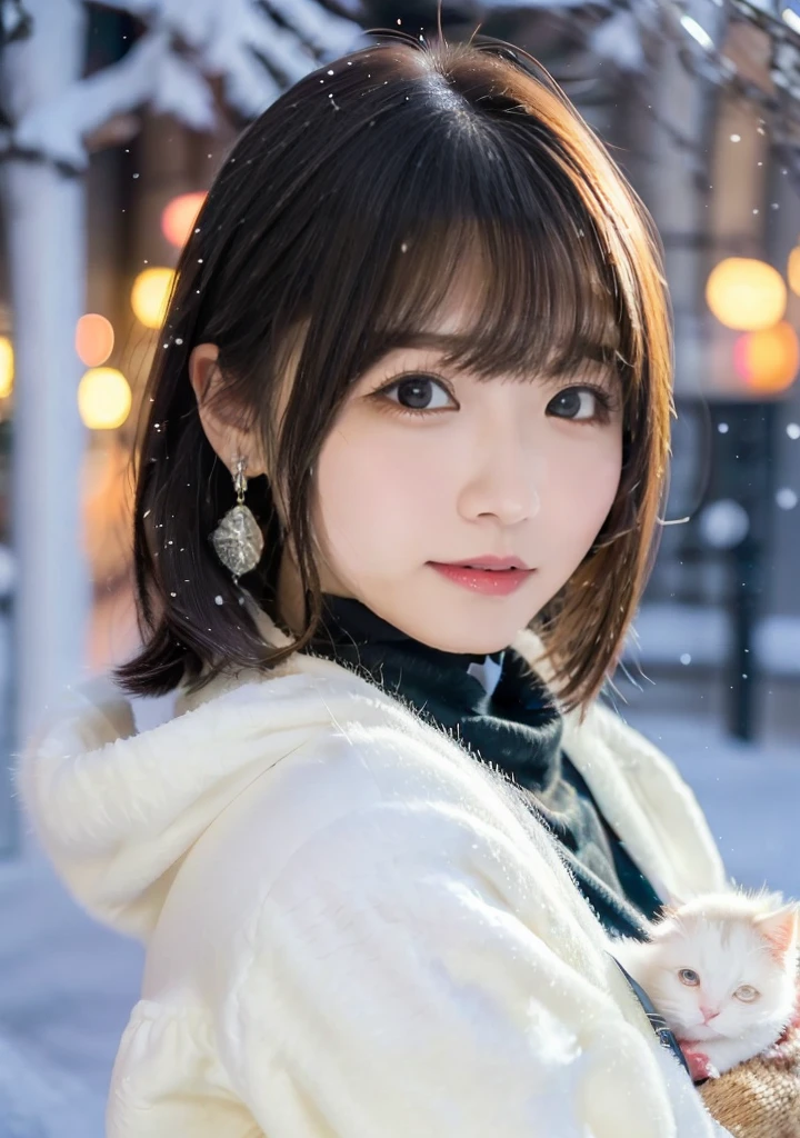 Blue Eyes、Holding a kitten、Photo from the waist up、Night city illumination shot、Cowgirl Shot、Fur coat、豪華なグレーのミンクのFur coat、Wear fine leather boots、Luxury Bags、Inner turtleneck、Silver necklace and small silver earrings Millionaire style:1.4))、Full body photo、smile、 Caustics、Highly detailed photos、Very beautiful woman 、Ample breasts、No makeup、(8K、RAW Photos、Highest quality、masterpiece:1.2)、(Realistic、Realistic)、1 Girl、((Medium Short Hair、Midwinter、Cold region Snow falling、The wind is blowing、Fluttering Hair、Blur the background、Colorful illuminations、Looking into the camera:1.4))、