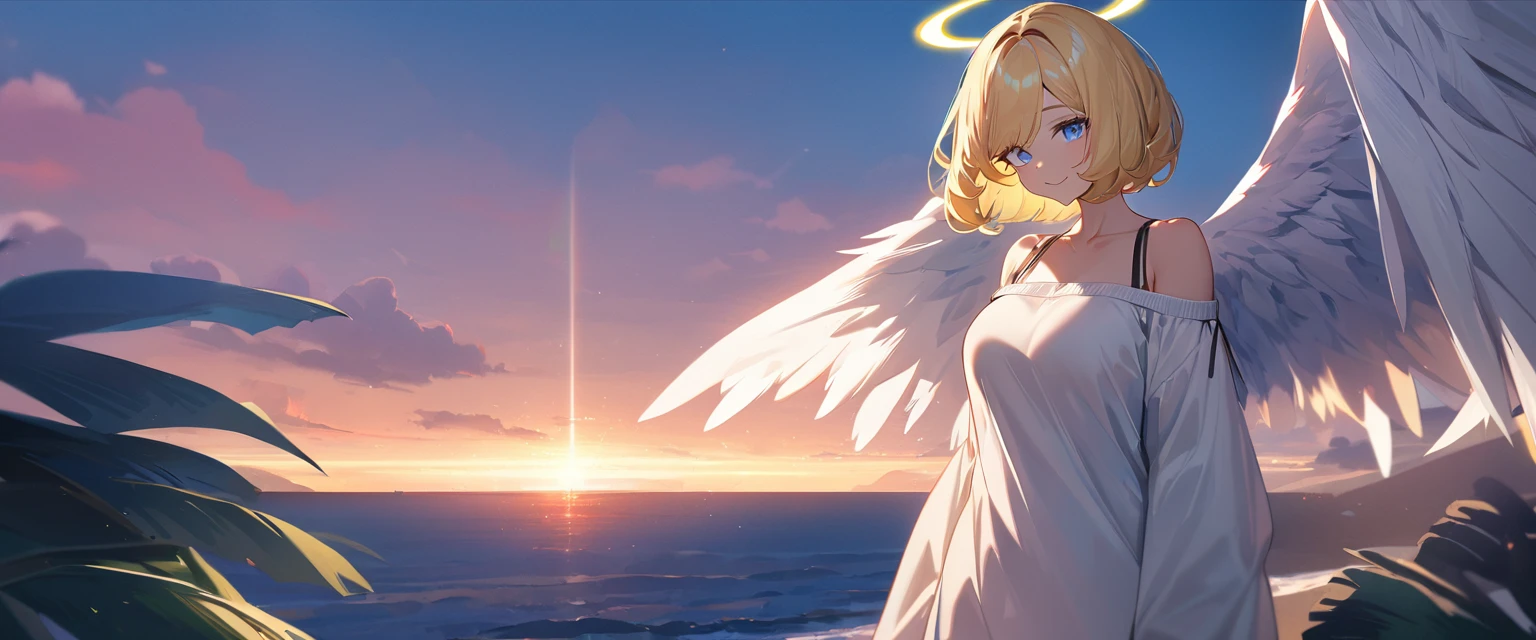 (((One girl))), full body, flying in the sky, bare legs, ((angel, big big white wings:1.2, halo:1.3)), Uriel, ((wavy hair, outward curled hair)), evening, Sunset, sea, beach, ((blond hair, bob cut:1.3)), big breasts, ager, (looking at viewer), oversized clothes, puffy long sleeves, collarbone, ((off-shoulder sweater dress:1.3, Quite thick shoulder straps)), (((sleeves past wrists:1.3))), ((white sweater)), collarbone, head tilt:1.3, (((blue eye))), ((happy smile)), (((anime style))), (best quality, 4K, 8K, highres, masterpiece:1.2, ultra-detailed, ultra-detailed eyes, HDR, uhd, studio lighting, ultra-fine painting, sharp focus, physically-based rendering, extreme detail description, professional, vivid colors, bokeh), ((Highest quality, Best image quality, Ultra-high resolution, Ultra-high resolution, solo, Strong eye highlights)), Depth of written boundary, Natural soft light, attractive, Beautiful Face, Cleanliness, Pure Face, medium chest, Beautiful Face, Perfect Fingers, Perfect hands, Perfect body, Perfect Face, Shine a light into your eyes, Perfect Anatomy