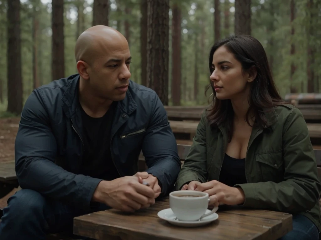 A strongly-built bald man resembling Vin Diesel dressed in navy blue military-style clothing at a military substation in a pine forest accompanied by a beautiful black-haired woman resembling Scarlet Johnson, dressed just like the bald man, realistic image the two drinking coffee outside the substation