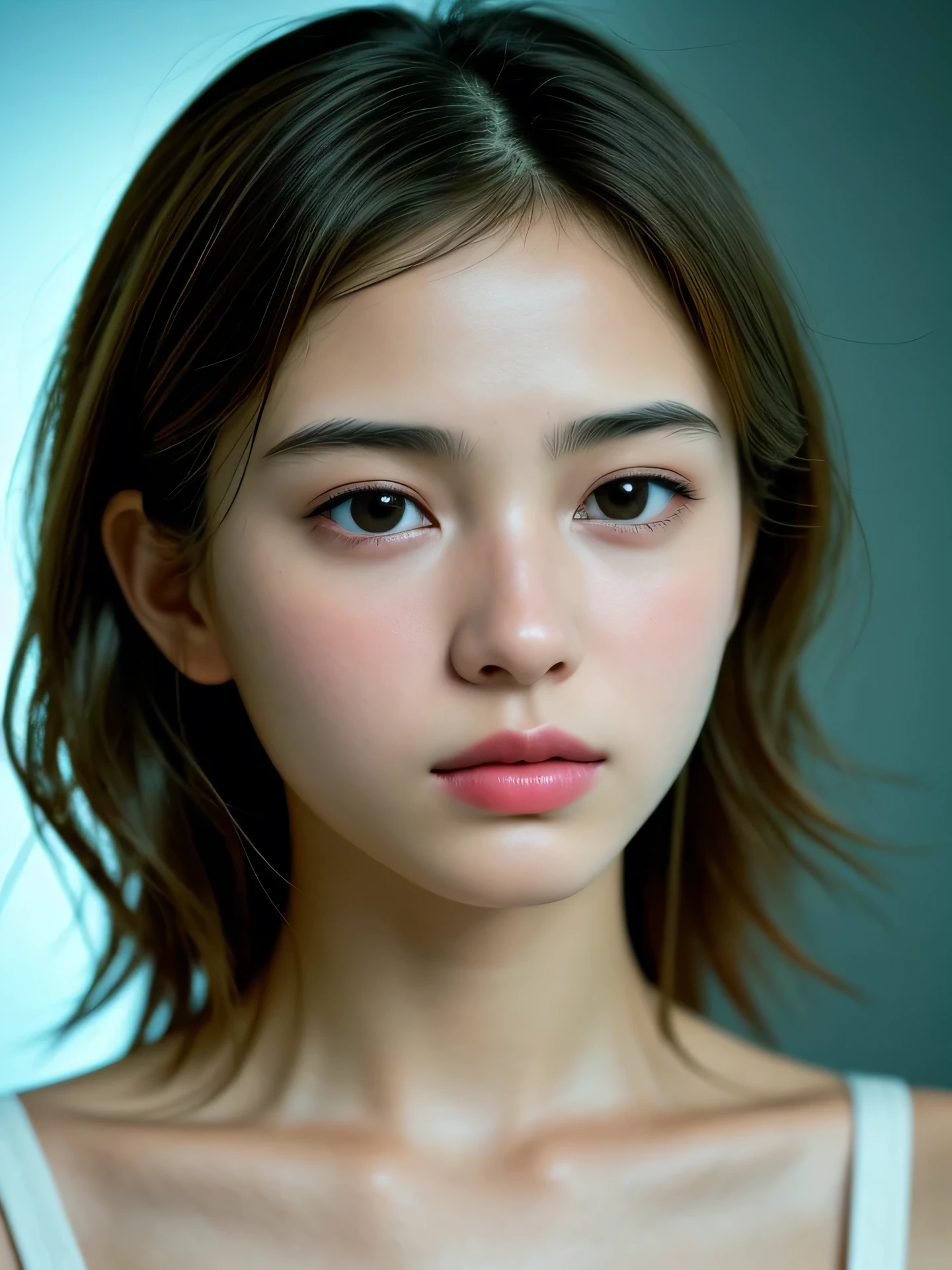(Photo Real:1.4), (hyper realisitic:1.4), (Smooth lighting:1.05), 1 girl, melancholy, looking away, Close-up of the face, Soft lighting, Back lighting, (Finest Real Textured Skins), Super fine face, glowy skin, retinas, Anatomically correct, acurate, (Wavy medium Hair:1.1), Textured skin, High quality, high details, Best Quality, High resolution,