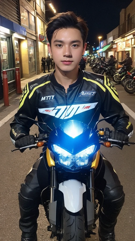 young man on mt 03 motorcycles 8K,best quality, ultra high resolution, insta story, shot by iphone camera, black hair, night, best quality, street background, real photo