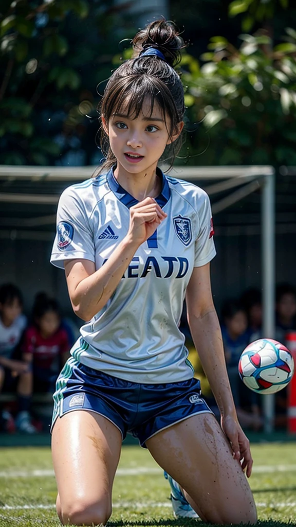 Highest quality, High resolution:1.2, Super detailed, Realistic:1.3, ((Beautiful woman))、Ultra tight uniform、Big Breasts、Vibrant colors, play soccer,((blunt bangs))、Has bangs、Wet Hair, Concentration, Splash, Action Shots, Grass blotches, Muddy ground, Wet turf, Decide, Fast-paced games, Athletic physique, Shiny soccer ball, Wet Uniform, raindrop, Blurred motion, Focus on the ball, Intense competition, Skillful dribbling, Energetic play, Teamwork, powerful shoots, Wet pitch, Passionate sports, Fierce Decide, Humid atmosphere, Fluid movement, emotional expression, Difficult conditions, Dramatic lighting, Women's Sports, Avid athletes, Exciting Games, endure, Excited state, Speed and agility, Energetic play, 濡れたSplash、smile、