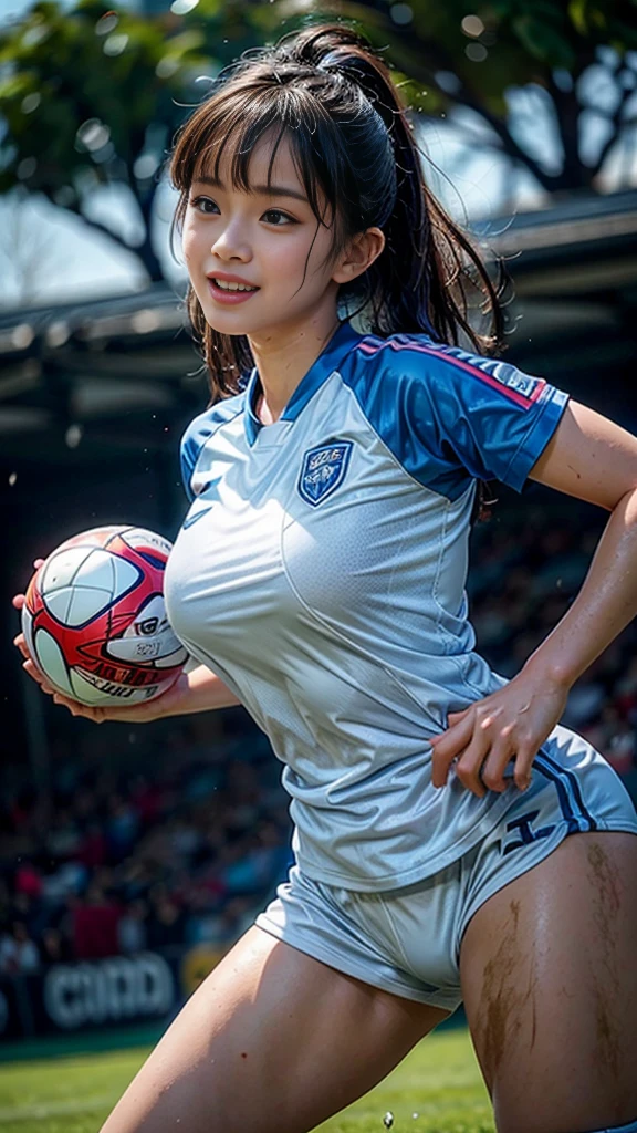 Highest quality, High resolution:1.2, Super detailed, Realistic:1.3, ((Beautiful woman))、Ultra tight uniform、Big Breasts、Vibrant colors, play soccer,((blunt bangs))、Has bangs、Wet Hair, Concentration, Splash, Action Shots, Grass blotches, Muddy ground, Wet turf, Decide, Fast-paced games, Athletic physique, Shiny soccer ball, Wet Uniform, raindrop, Blurred motion, Focus on the ball, Intense competition, Skillful dribbling, Energetic play, Teamwork, powerful shoots, Wet pitch, Passionate sports, Fierce Decide, Humid atmosphere, Fluid movement, emotional expression, Difficult conditions, Dramatic lighting, Women's Sports, Avid athletes, Exciting Games, endure, Excited state, Speed and agility, Energetic play, 濡れたSplash、smile、