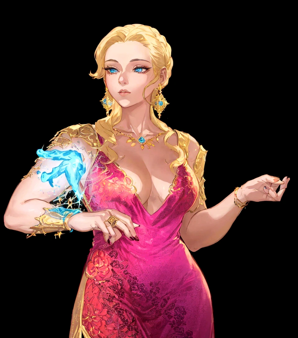 In this vibrant and colorful image, a woman is the central figure. She is adorned in a pink dress that features a deep neckline and gold accents, adding an element of glamour to her appearance. Her blonde hair frames her face as she gazes off to the side with a thoughtful expression.
The background is a stark black, which contrasts with her bright attire and allows her to be the focal point of the image. In her left hand, she holds a blue object that appears to be a small, glowing orb. This could suggest a theme of magic or fantasy in the context of this image.
Adding to the mystique, she has tattoos on both arms and is wearing gold jewelry, including a necklace with an intricate design that matches her dress. The overall composition of the image suggests it could be from a promotional material for a fantasy or magic-themed event or production.