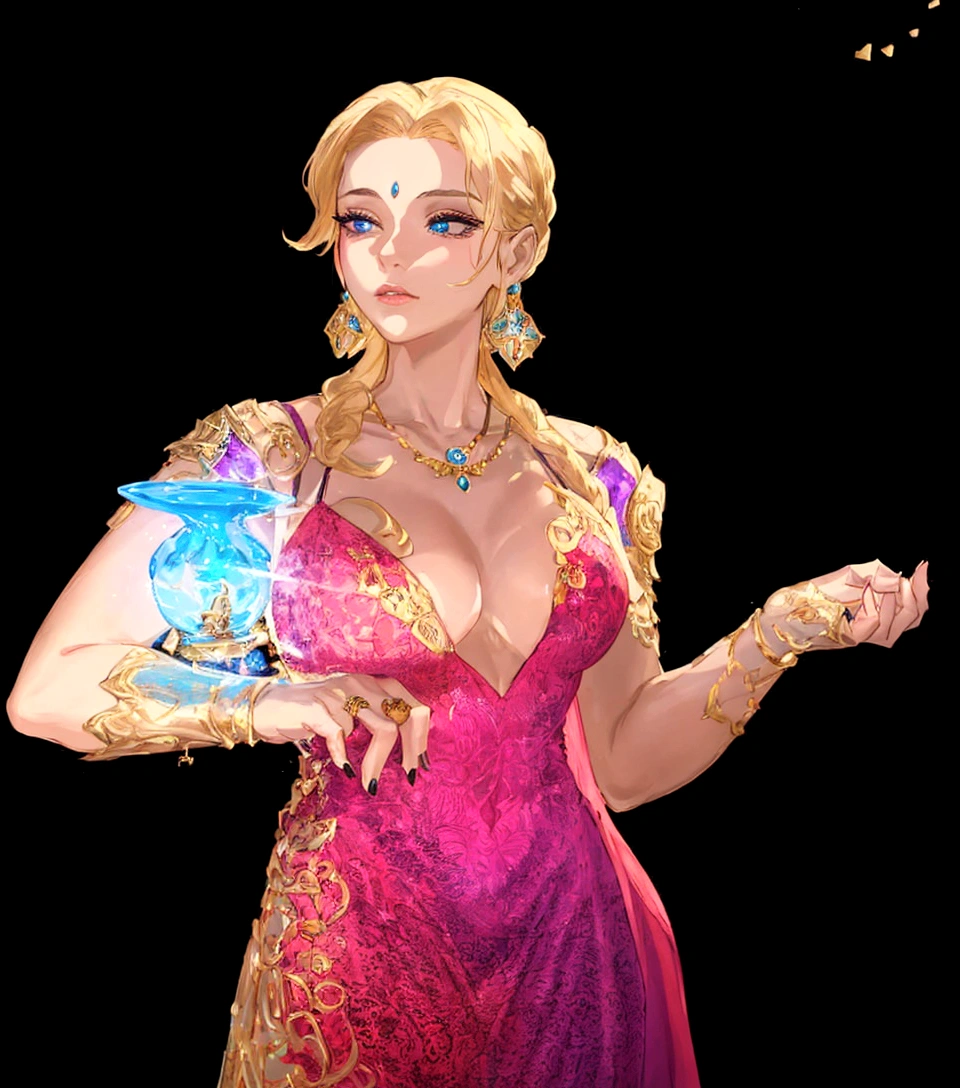 In this vibrant and colorful image, a woman is the central figure. She is adorned in a pink dress that features a deep neckline and gold accents, adding an element of glamour to her appearance. Her blonde hair frames her face as she gazes off to the side with a thoughtful expression.

The background is a stark black, which contrasts with her bright attire and allows her to be the focal point of the image. In her left hand, she holds a blue object that appears to be a small, glowing orb. This could suggest a theme of magic or fantasy in the context of this image.

Adding to the mystique, she has tattoos on both arms and is wearing gold jewelry, including a necklace with an intricate design that matches her dress. The overall composition of the image suggests it could be from a promotional material for a fantasy or magic-themed event or production.