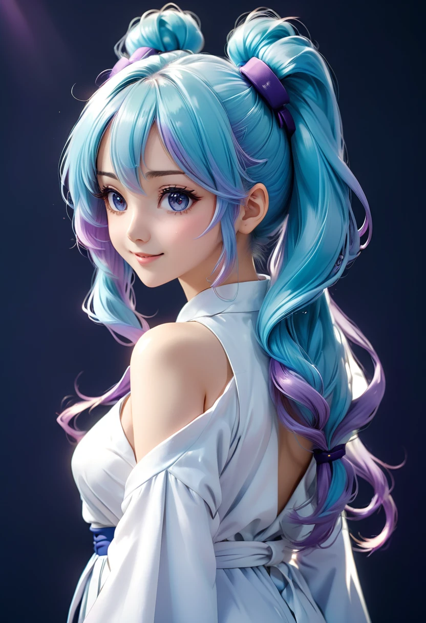     Beautiful light blue hair with long ponytails and light purple ends. An anime girl with long ponytails and a big hairband wearing a white fir shirt looks back at a happy and lively character standing on a simple abstract dark blue background, close-up( perfect anatomy )

               Beautiful and extremely fine texture，detailed, bright, High-quality animation style presentation