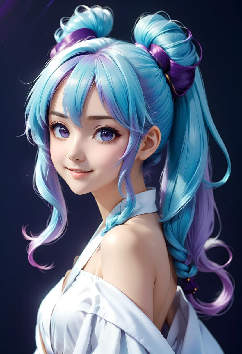     Beautiful light blue hair with long ponytails and light purple ends. An anime girl with long ponytails and a big hairband wearing a white fir shirt looks back at a happy and lively character standing on a simple abstract dark blue background, close-up( perfect anatomy )

               Beautiful and extremely fine texture，detailed, bright, High-quality animation style presentation