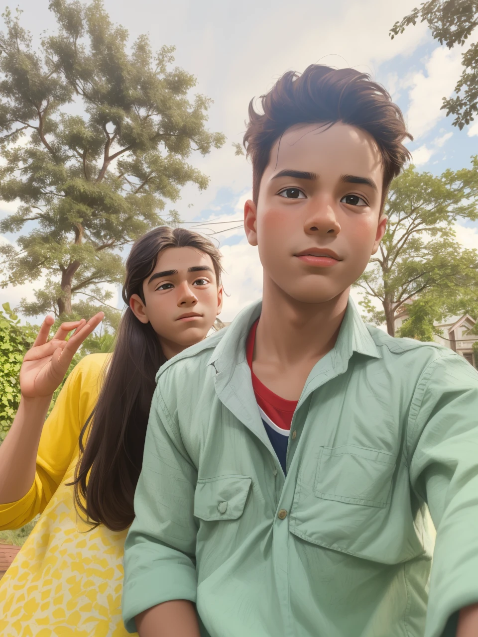 Realistic portrait of a seven-year-old boy, He wears a red shirt . His face is childish and exploratory . He goes out cautiously into the garden of the house, A small cat is among the bushes and he touches it cautiously ,Not facing the camera,, Hair is untidy ,