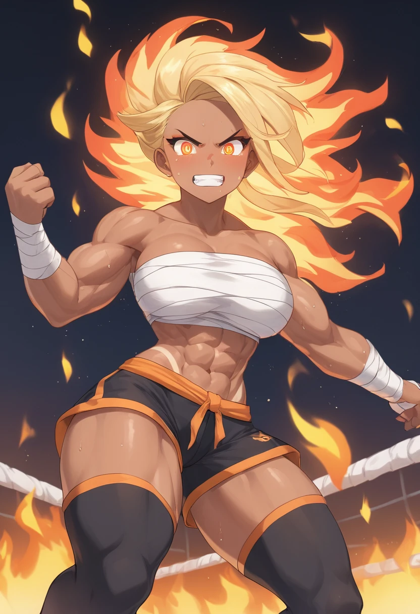 Prompt
detailed illustration, (front view), (side view),dynamic angle, ultra-detailed, illustration, clean line art, shading, anime, detailed eyes, detailed face, beautiful face, dramatic lighting, detailed illustration, dynamic angle, ultra-detailed, illustration, single woman
Fit, toned abs, ((volleyball shorts)), ((fundoshi breast wrap)), big round ass, big tits, caramel tan skin, dark skin tone, wide hips, narrow waist, thunder thighs, (blazing blonde hair), (glowing eyes), glowing sclera, muay thai wraps, strong biceps, sweat, ((bandaged breasts)), flaming hair, hair is fire, flames rolling down skin, clothes catching on fire, embers, sweats fire, sweat is fire, tan lines, Hispanic, Latina, tight pants, bandage wrapped around chest, brown skin, angry, mad, yelling, fists on fire, fighting, fire, flaming fists, fire shooting out of eyes.