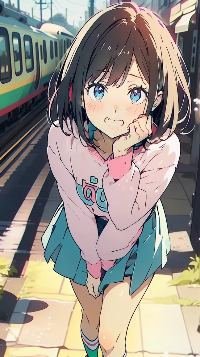 A beautiful woman, (bright green eyes), short hair, (hair color) red, she is half a cat on her face, her fangs are shown, very beautiful face, she is wearing a pink sweatshirt with turquoise details, and a white wedding-style skirt with details light pink, white shoes, she is standing in the middle of a bright day on a snowy day, she is wearing light pink gloves with red stripes as well as light pink socks with white stripes.
