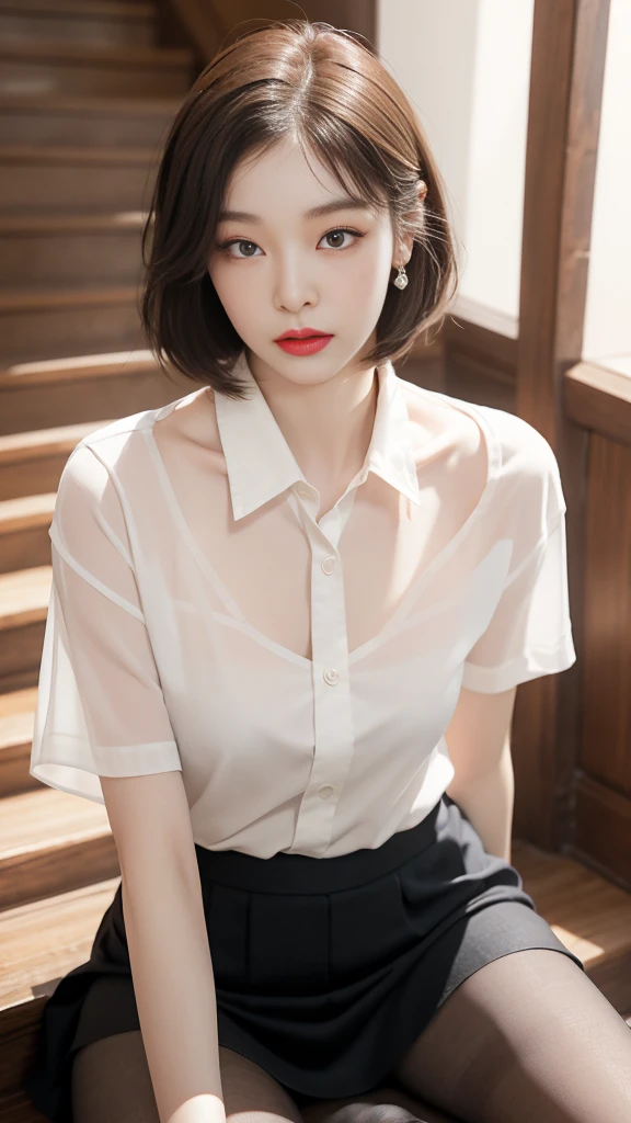 Korean 、summer shirt、Tight shirt、Ribbon Ties、skirt by the、schools、stairs at school、chest lifting pose、Emphasis on the chest、Slender and large、8K raw photos、A high resolution、18-year-old Korean、embarrassing looking、very large round breasts、Beautiful eyes finely detailed、long eyelasher、beautiful double eyelid、eye shadows、eyeline、slender eyes、Elongated eye shape、Sanpaku eyes、beautiful and thin legs、Beautiful slender thighs、Random Shorthair、Tie your hair behind your head、耳Nipple Ring、Light brown hair、(Wear pantyhose)、Hold your knees,wears glasses