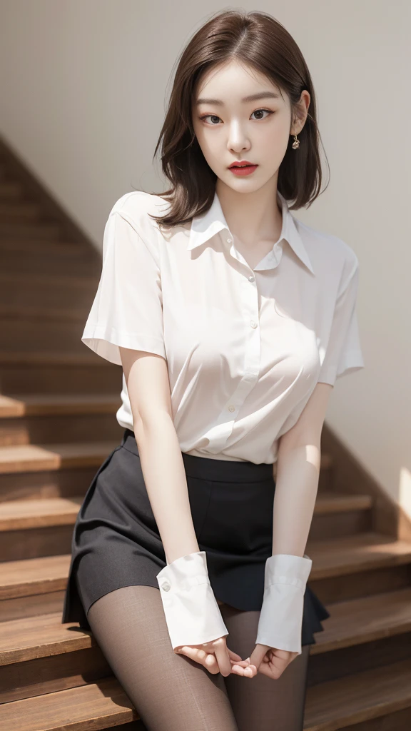 Korean 、summer  shirt、Tight shirt、Ribbon Ties、skirt by the、schools、stairs at school、chest lifting pose、Emphasis on the chest、Slender and large、8K raw photos、A high resolution、18-year-old Korean、embarrassing looking、very large round breasts、Beautiful eyes finely detailed、long eyelasher、beautiful double eyelid、eye shadows、eyeline、slender eyes、Elongated eye shape、Sanpaku eyes、beautiful and thin legs、Beautiful slender thighs、Random Shorthair、Tie your hair behind your head、耳Nipple Ring、Light brown hair、(Wear pantyhose)、Hold your knees，wears glasses
