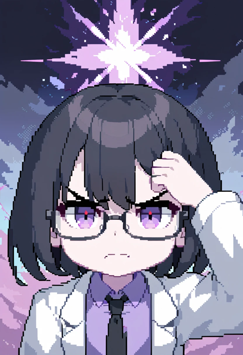 a 40 year old scientist, wearing glasses, black hair, short bangs covering his left eye, white lab coat, purple shirt, black tie, evil look, purple eyes, pale skin in anime pixel art style, looking very angry, holding a piece of meteorite with purple aura